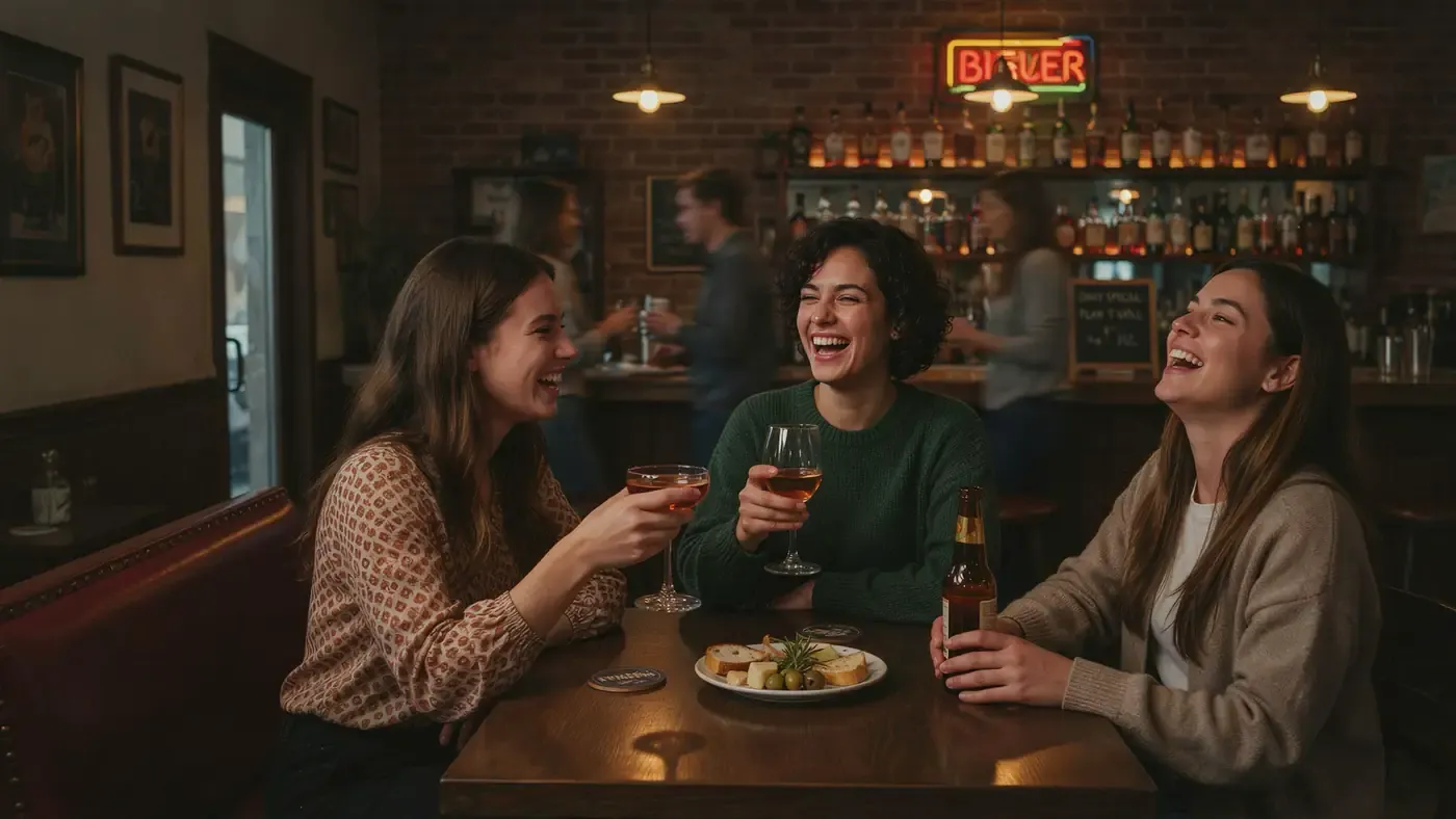 Friends laughing over drinks in an Amsterdam bar